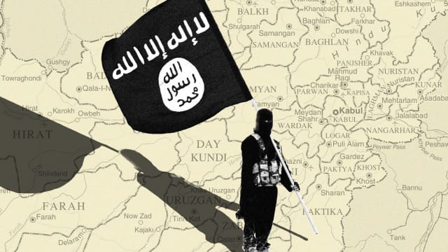 A photo illustration showing a masked Islamic State soldier holding an ISIS flag over the map of Afghanistan.