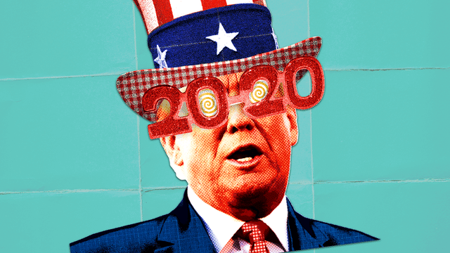 Photo illustrative gif of Donald Trump wearing an Uncle Sam hat and 2020 glasses with hypnotic spirals turning.