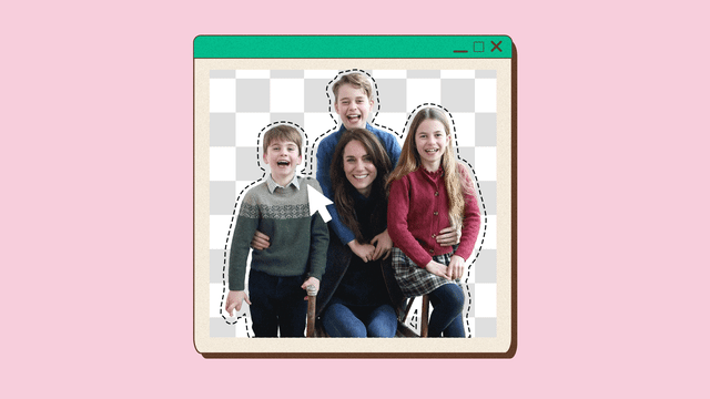 Animation of Kate Middleton and her children George, Charlotte, and Louis.