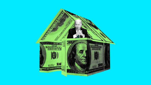An illustration including a photo of U.S. President Joe Biden and a money house