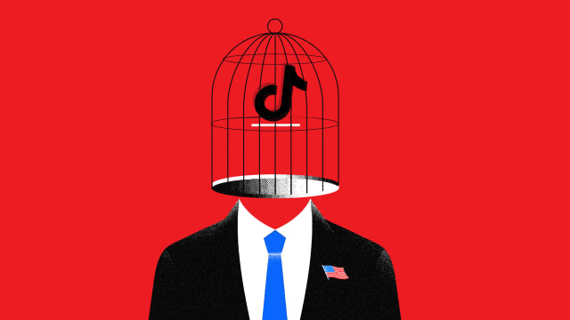 A photo illustration of a man with a cage with the TikTok logo as a head