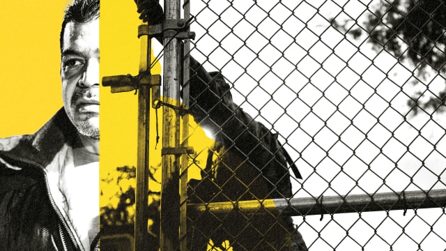 A photo illustration of an immigrant with a gate being closed on him