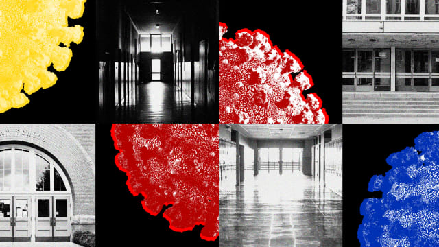  A photo illustration showing the Covid-19 virus and empty school hallways and closed doors.