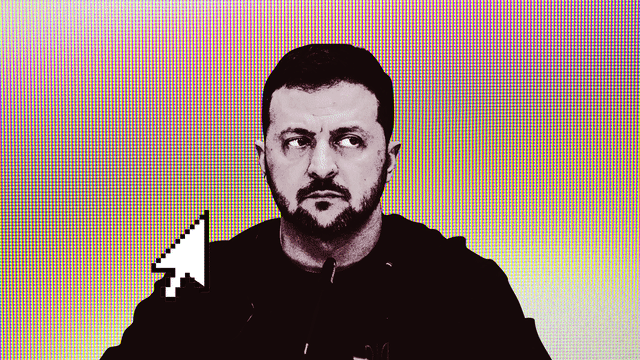  A photo illustration showing President Zelensky looking at a computer screen cursor waiting to be typed.
