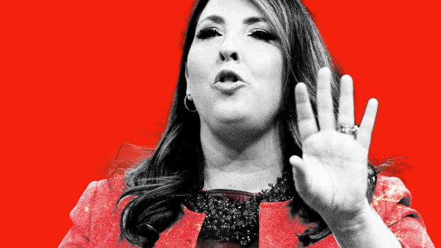 Photo illustration of Ronna McDaniel on a red background