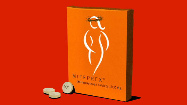 Illustration of a box of mifeprestone with the woman logo wearing a crown of thorns