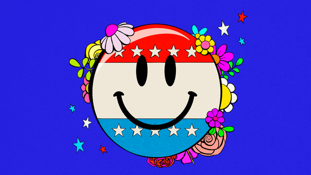Illustrative gif of a voting pin with a winking smiley face and flowers around it
