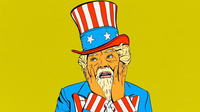 Illustration of Uncle Sam with a scream face with Donald Trump coloring