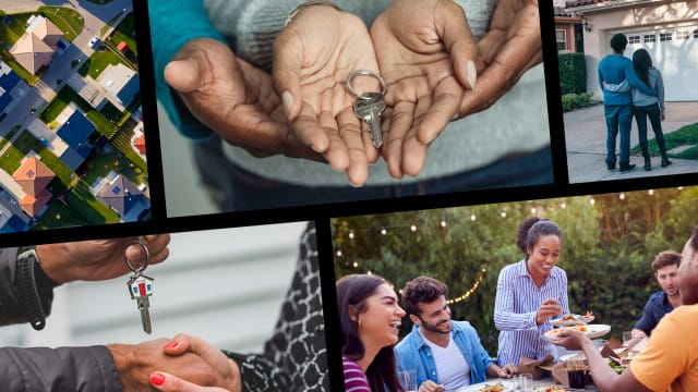 A collage of homey images: hands hold keys; a family laughs over a shared outdoor meal; a couple gazes at their new home with their arms around each other.