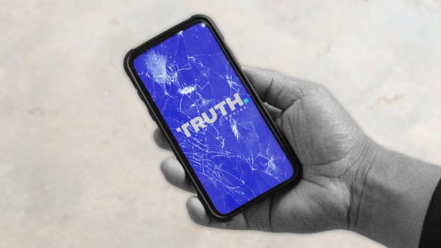 Illustration of cellphone screen with "Truth Social" logo.