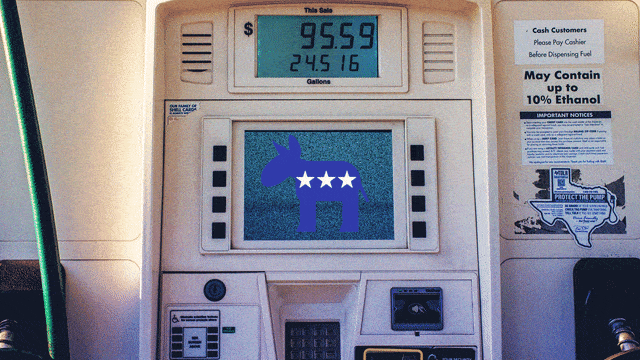 Illustration of gas station tank with Democrat donkey on the screen.