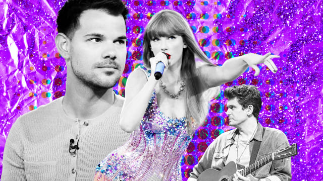 An illustration of Taylor Lautner, Taylor Swift singing, and John Mayer.