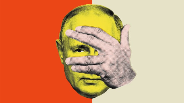 Photo illustration of a cowardly and scared Vladimir Putin with hand covering his face