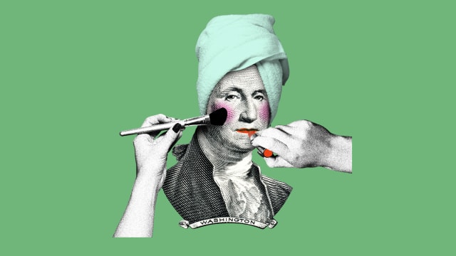 Photo illustration of George Washington on money and with makeup applied