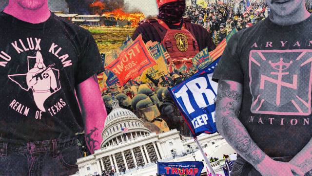 A photo collage of January 6 capitol riots, a KKK member, the Waco Texas Branch Davidian FBI raid, and Proud Boys march