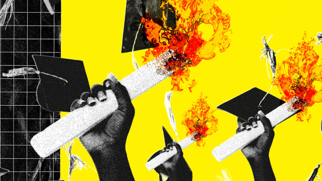 Accompanying an article about the Supreme Court affirmative action decision, a photo illustration of a Black person holding a burning diploma. 