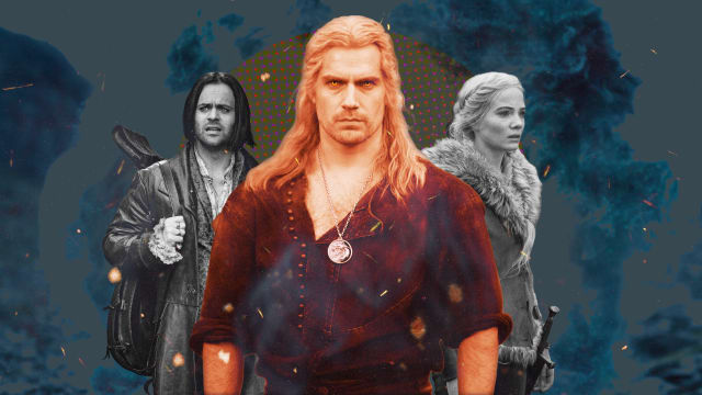 A photo illustration of Henry Cavill, Joey Batey, and Freya Allan as their characters in Netflix’s The Witcher Season 3.