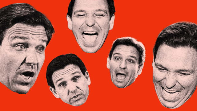 Photo illustration of five laughing or exaggerated faces of Florida governor Ron DeSantis