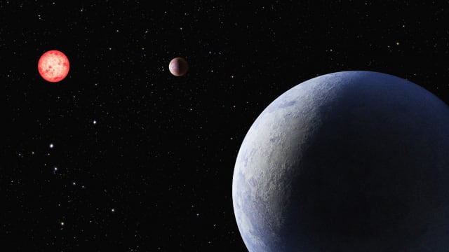 An illustration including a photo of LP 890-9C, Sister Planet Lightyears away from Earth.