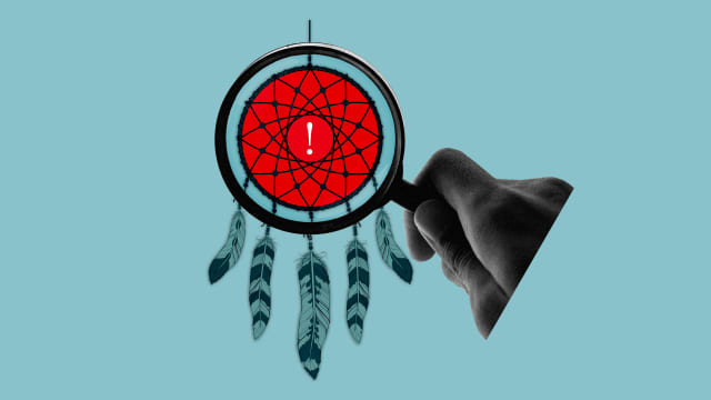 A photo illustration of a Native American dreamcatcher with a fraud alert red symbol in the center and magnifying glass