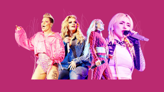 A photo composite of Pink, Ava Max, Bebe Rexha, and Kelsea Ballerini performing
