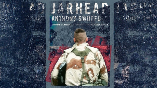 A photo illustration showing the back of a US Marine and the Jarhead book by Anthony Swofford.