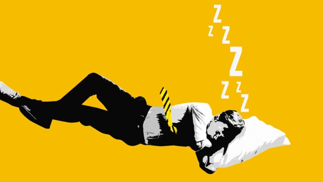 A photo illustration that includes an image of a Businessman Sleeping. 