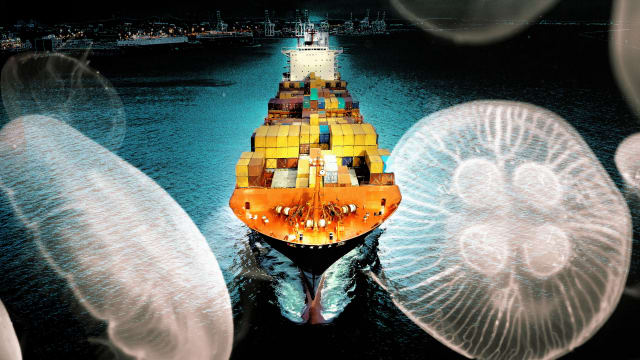An illustration including images of a Cargo Ship and Jellyfish.