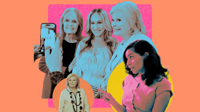 A photo illustration with stills from And Just Like That episode 4 showing Carrie Bradshaw, Gloria Steinam, Enid Frick and Seema Patel.