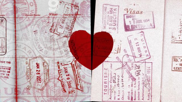 A photo illustration of two passports stamped with one heart pulling apart.