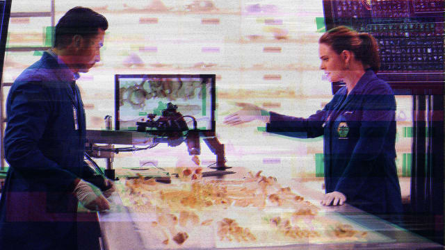 A photo illustration showing a glitched still from Bones, with two medical examiners
