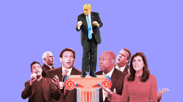 A photo composite of Donald Trump standing on a pedestal surrounded by Nikki Haley, Tim Scott, Ron DeSantis, Chris Christie, Vivek Ramaswamy and Mike Pence. 