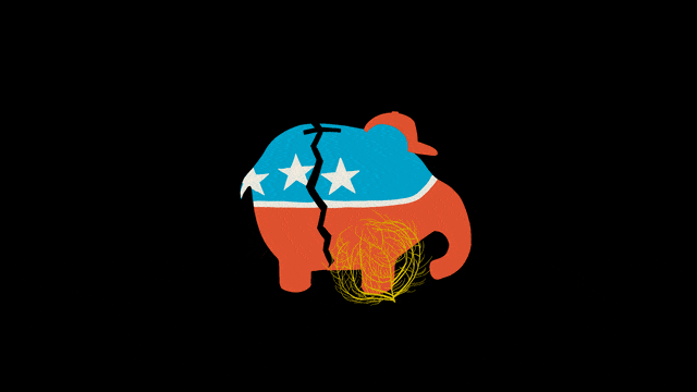 Illustrative gif of a broken GOP elephant piggy bank and a tumble weed.