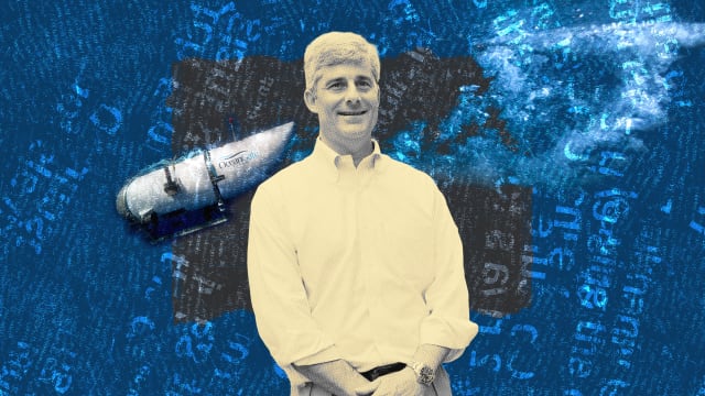 A photo illustration of Stockton Rush, CEO of OceanGate, and the Titan submarine that imploded in the background.