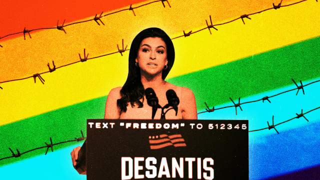 An illustration including photos of the LGBTQIA+ Pride Flag, Barbed Wire, and Casey DeSantis.
