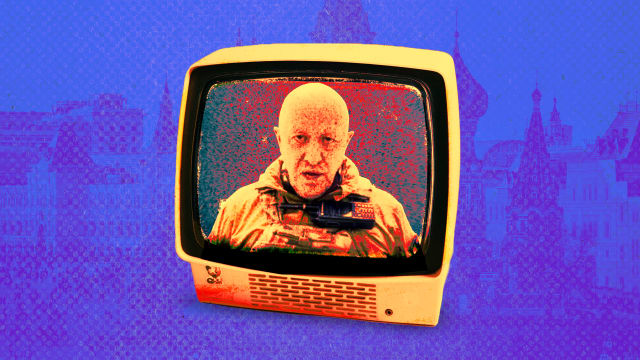 A photo illustration of Wagner leader Yevgeny Prigozhin inside a television superimposed over an image of the Kremlin in Moscow.