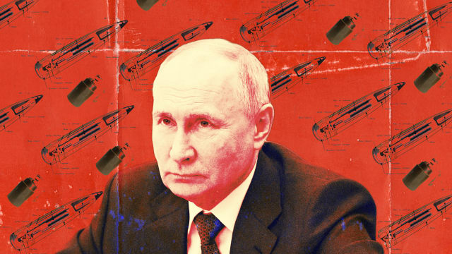 A photo illustration of Russian President Vladimir Putin superimposed over images of American artillery cluster munitions.