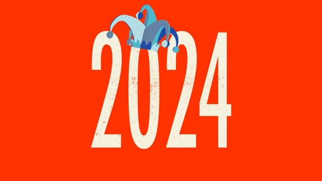 Illustrative gif of "2024" wearing a jester hat, condensing and expanding in width