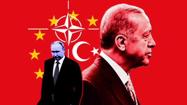 A photo composite of President Putin and President Erdogan with the NATO symbol, Turkish flag, and EU symbol in the background.