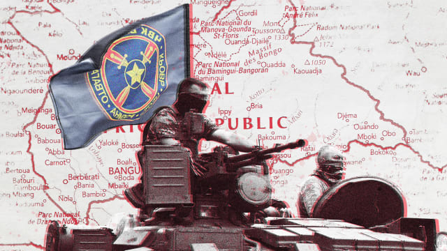 A photo illustration showing two Wagner Group soldiers with a map of the Central African Republic.