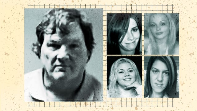 An illustration showing suspect Rex Heuermann and four Giglo Beach serial killing victims.