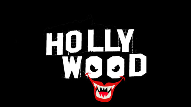Illustrative cartoon of the Hollywood sign with evil eyes and and evil mouth overlaid.