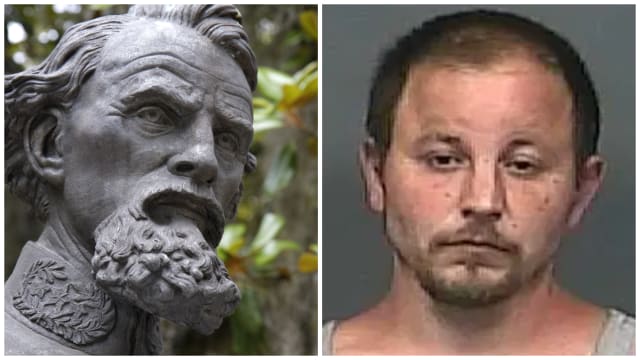 A statue of Nathan Bedford Forrest and a mugshot of Daniel Walls