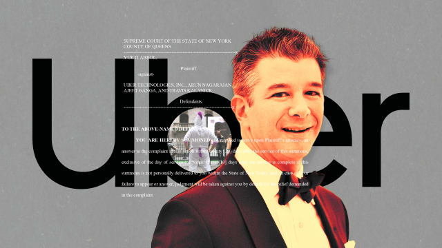 A photo composite of Uber founder Travis Kalanick and the Uber logo with text from the lawsuit from Yukti Abrol.