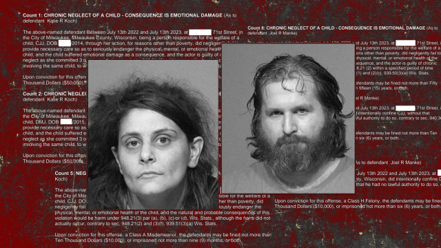 A photo of the mugshots of Katie Koch and Joel Manke superimposed over the court documents charging them for allegedly imprisoning two children in Wisconsin. 