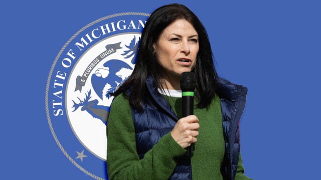 A photo illustration of Michigan AG Dana Nessel on the state seal of Michigan.
