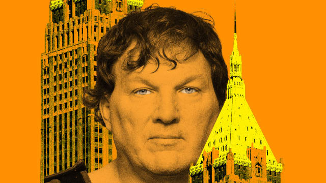 Photo illustration of the mugshot of Gilgo Beach suspected serial killer, Rex Heuermann, with 40 Wall Street, the Trump Building, collaged around him.