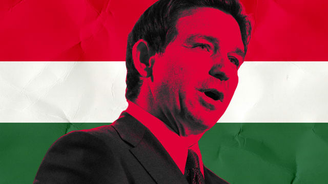 A photo illustration of Florida Governor Ron DeSantis over the flag of Hungary.