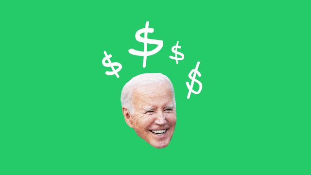 A gif of Joe Biden with dollar signs floating above his head