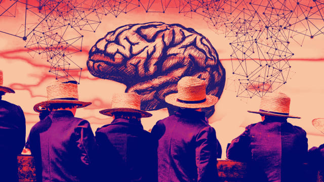 A photo illustration of the backs of Amish people and the drawing of a brain in the background.